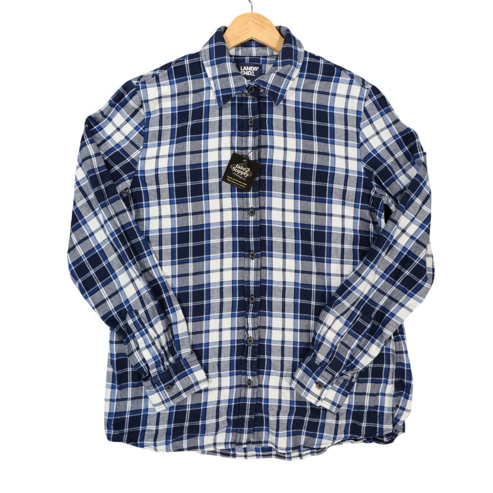 Lands' End Flannel Shirt Womens M Blue Excellent Plaid Button Up
